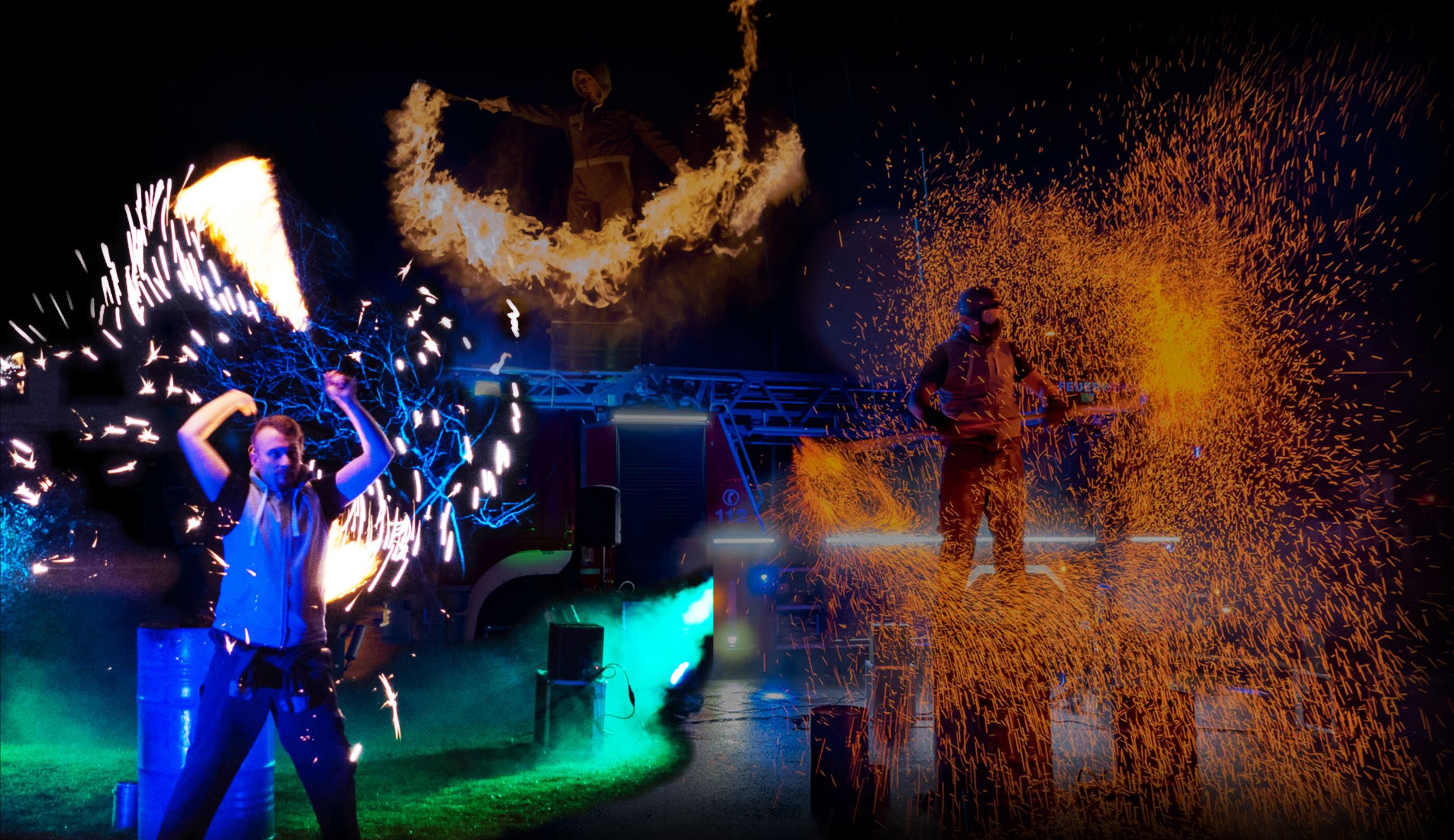 Feuershow Collage mit Funkeneffekten und brennenden Seilen