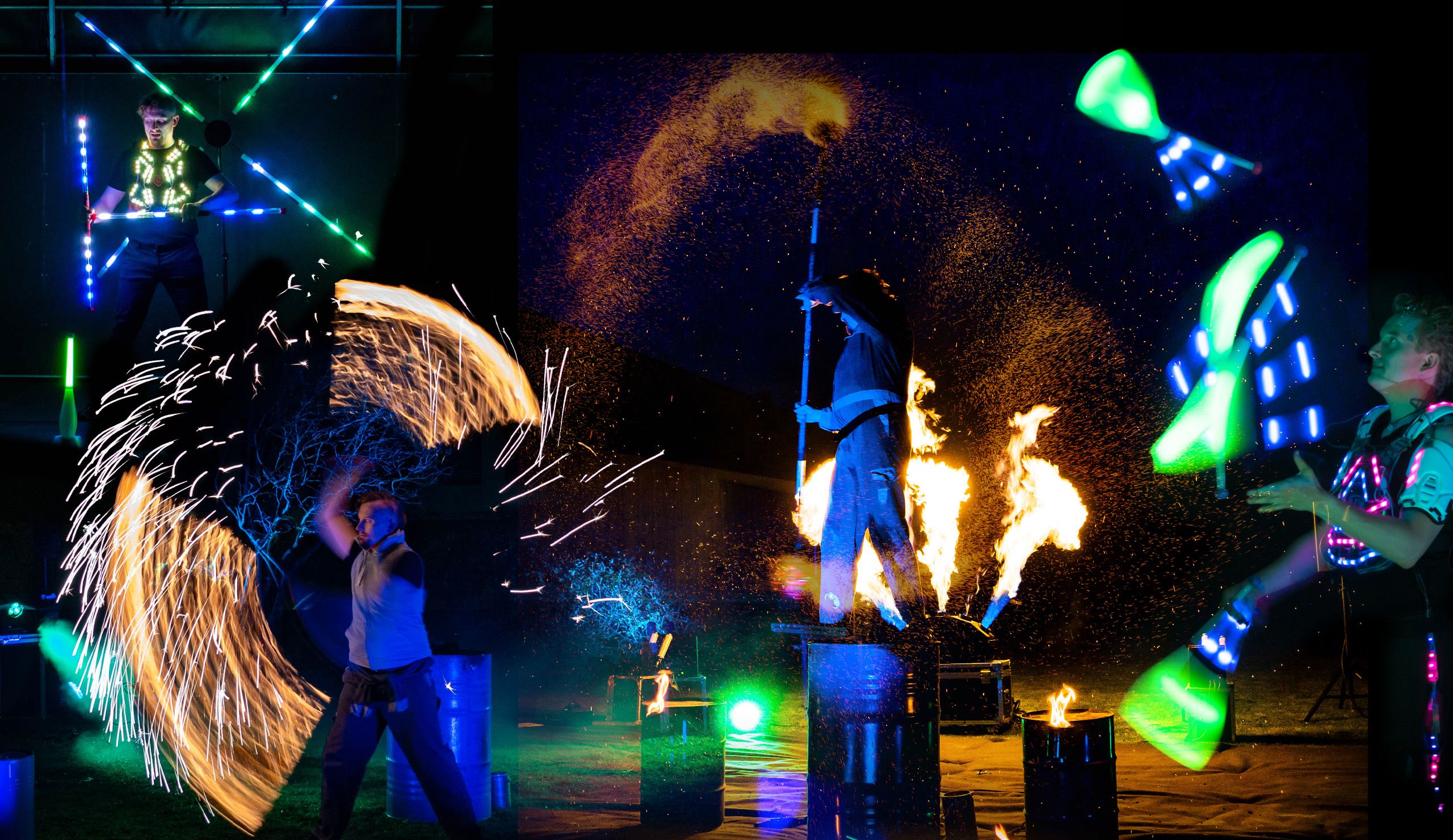 Feuershow und LED-Show Collage mit LED Keulen Jonglage, brennenden Seilen und Funken Effekten