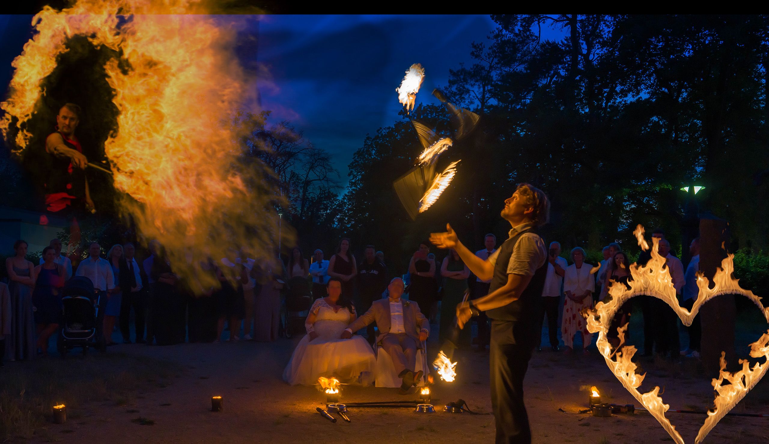 Hochzeitsfeuershow Collage mit Fackeljonglage, brennendem Herz und Feuer Effekten