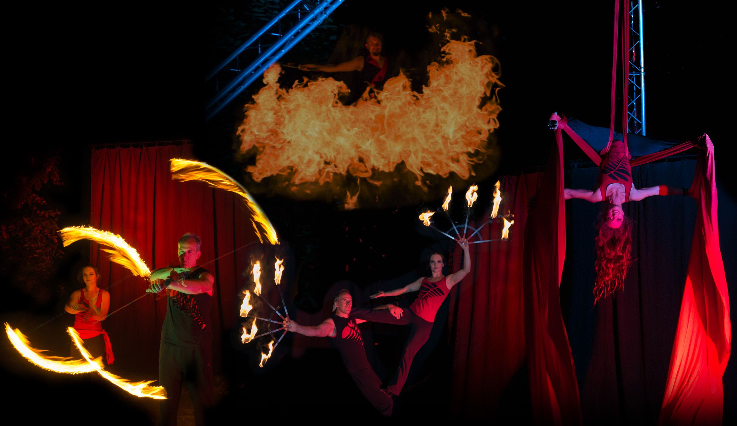 Feuershow Collage mit Stab drehen, Vertikal Tuch und Partner Akrobatik