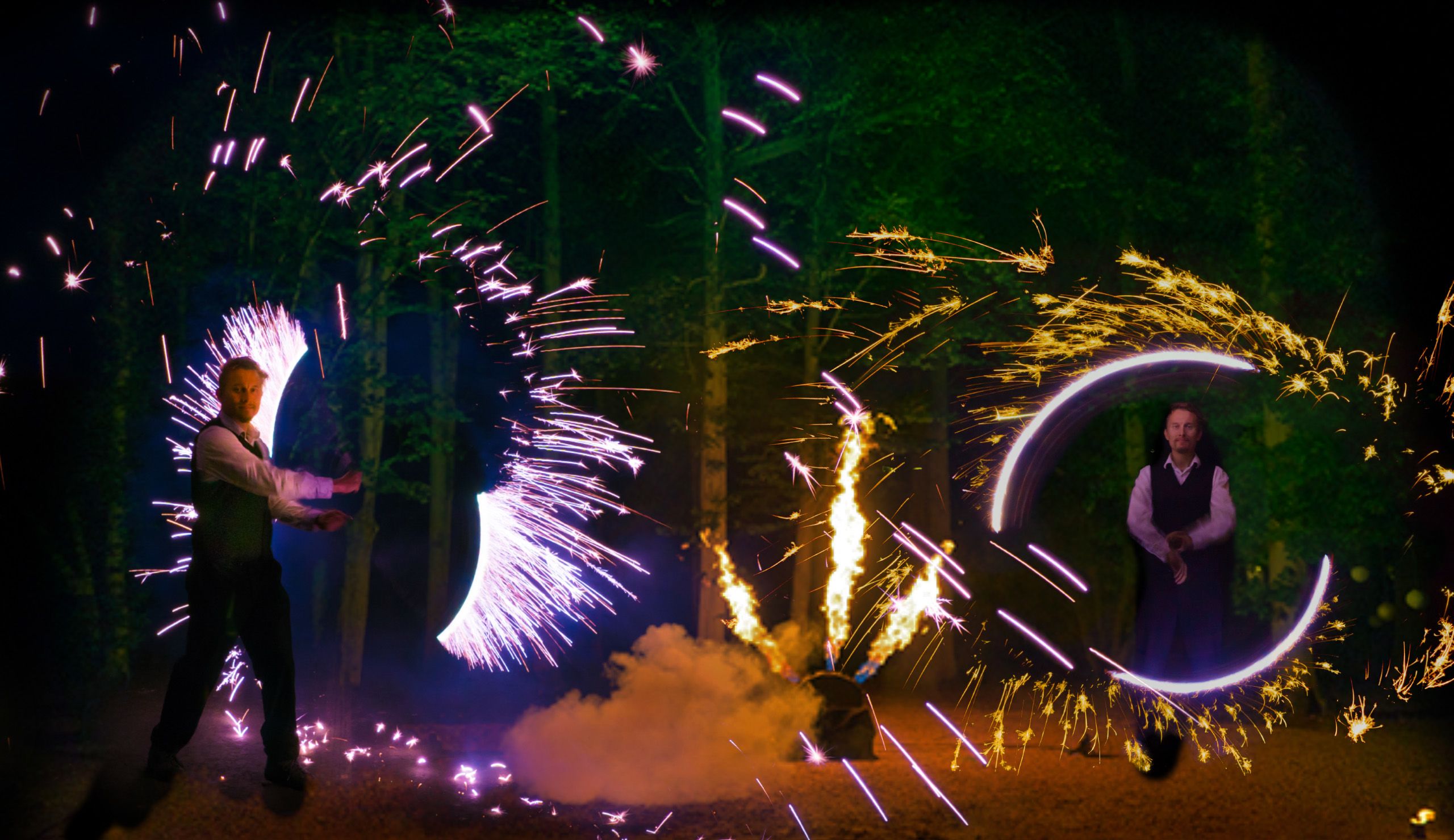 Feuershow Foto Collage mit Feuerkünstlern mit Funken Effekten